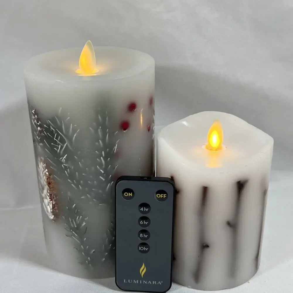 Lot of 2 Luminara Candles Pillar Botanical Pinecones Sticks Remote 4-10hr Timer